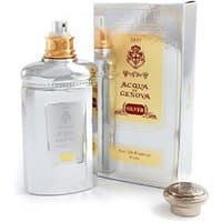 Silver Acqua di Genova perfume bottle with gold cap, ornate label, and matching box, 100 ml unisex woody scent.