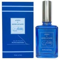 Blue glass bottle with silver cap, labeled "Acqua di Sestri Levante - Punta Manara," next to matching blue box.