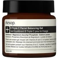 Amber jar of Aesop B Triple C Facial Balancing Gel with black lid and white label detailing ingredients and usage.