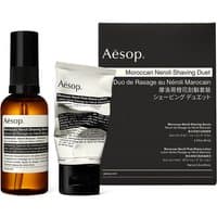 Aesop Moroccan Neroli Shaving Duet with amber bottle, cream tube, and black packaging, 2 x 60 ml for all skin types.