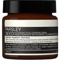 Brown jar of Aesop Parsley Seed Anti-Oxidant Hydrating Cream with black lid and white label detailing.