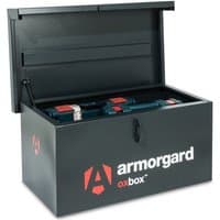 Black Armorgard OxBox Van Box with red logo, open lid, and reinforced steel construction for secure tool storage.