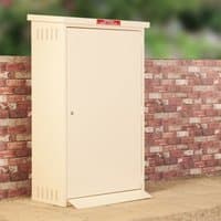 Beige Asgard 2 metal gas bottle storage unit with vented sides, flat roof, and secure front door, holds 47kg bottles.