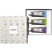 Benamor Hand Cream Set with three 30 ml tubes in decorative box, featuring floral patterns and vibrant colors.