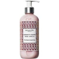 Benamor Rose Amelie Hand Wash Cream in pink bottle with patterned label and silver pump dispenser.
