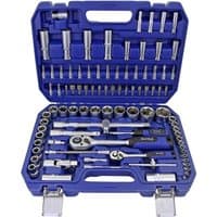 Blue plastic case with 94-piece metric socket set, includes ratchets, sockets, and extensions neatly organized.