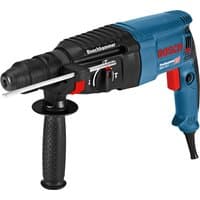 Blue and black Bosch rotary hammer with side handle, red accents, and SDS Plus chuck.