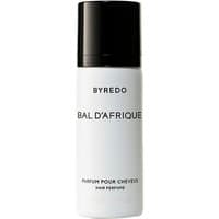 White Byredo Bal d'Afrique hair perfume bottle with black cap, 75 ml, unisex woody fragrance.