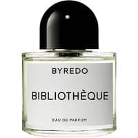 Clear glass bottle with black cap, Byredo Bibliotheque Eau de Parfum label, 50 ml unisex woody fragrance.