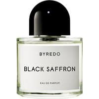 Clear glass bottle with black cap, labeled "Byredo Black Saffron Eau de Parfum" in bold black text.