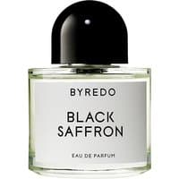 Byredo Black Saffron Eau de Parfum 50 ml, clear glass bottle with black cap and minimalist white label.