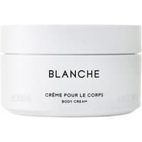 White Byredo Blanche Body Cream jar with black text, 200 ml, minimalist design.