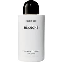 White Byredo Blanche Body Lotion bottle with black cap and minimalist text design, 225 ml size.