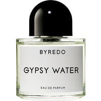 Clear glass bottle with black cap, labeled "Byredo Gypsy Water Eau de Parfum," containing 50 ml unisex citrus perfume.