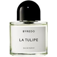 Clear glass bottle of Byredo La Tulipe Eau de Parfum with black cap and white label, 100 ml size.