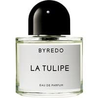 Clear glass bottle with black cap, labeled "Byredo La Tulipe Eau de Parfum," containing women's floral perfume.