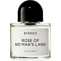 Clear glass bottle with black cap, labeled "Byredo Rose of No Man's Land Eau de Parfum" in black text.