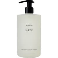 Byredo Suede Hand Wash 450 ml, frosted bottle with black pump dispenser and minimalist black text.