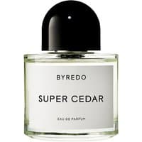 Clear glass bottle with black cap, labeled "Byredo Super Cedar Eau de Parfum" in minimalist black text.