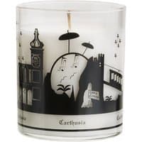 Clear glass Carthusia candle with black Capri skyline design and single wick, labeled "Capri Forget Me Not Citrus Candle."
