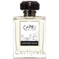 Clear glass bottle of Carthusia Capri Forget Me Not Eau de Parfum, black cap, minimalist label with Capri illustration.