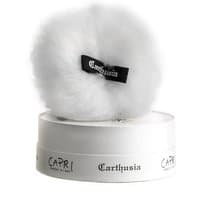 Carthusia Capri Forget Me Not talcum powder in white round container with fluffy white puff and black ribbon.