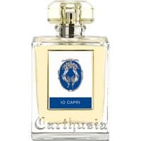 Carthusia Io Capri Eau de Parfum 100 ml bottle, clear glass with blue and white label, gold cap.