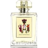 Clear glass bottle of Carthusia Mediterraneo Eau de Parfum with floral emblem and square cap.