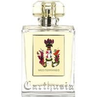 Clear glass bottle of Carthusia Mediterraneo Eau de Parfum, featuring a floral emblem and gold cap, 50 ml unisex citrus scent.