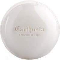 Carthusia Uomo round white shaving soap refill with embossed logo and smooth finish.