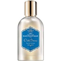Clear bottle of Oudh Intense Eau de Parfum, blue label, gold cap, by Comptoir Sud Pacifique, 100 ml unisex woody perfume.
