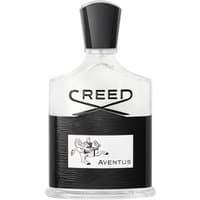 Clear glass bottle of Creed Aventus Eau de Parfum with black cap and textured black label featuring a horse and rider.