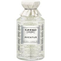 Clear glass bottle of Creed Aventus Eau de Parfum, 250 ml, with a silver label and a white fabric-wrapped cap.