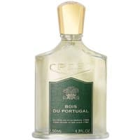 Clear glass bottle with gold cap, green label reading "Bois du Portugal," 50 ml men's woody perfume by CREED.