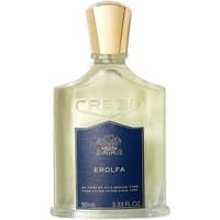 Clear glass bottle of Creed Erolfa Eau de Parfum, 50 ml, with a gold cap and blue label.