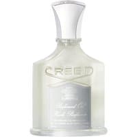 Clear glass bottle of Creed Green Irish Tweed Huile Parfume, silver cap, embossed logo, 75 ml nourishing body oil.