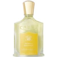 Clear glass bottle of Creed Neroli Sauvage Eau de Parfum, gold cap, yellow label, 100 ml men's citrus fragrance.