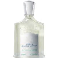Clear glass bottle of Creed Virgin Island Water Eau de Parfum, silver cap, unisex fruity fragrance, 100 ml.
