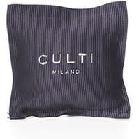 Culti Tessuto car sachet, dark fabric with white "CULTI MILANO" text, square shape, subtle ribbed texture.