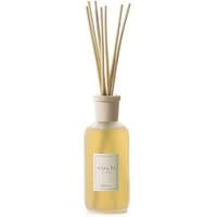 Clear glass diffuser bottle with beige cap, filled with yellow liquid, and several natural reed sticks.