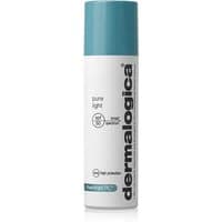White Dermalogica Pure Light SPF50 bottle with teal cap and black text, 50 ml moisturizing face emulsion.