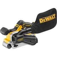 Yellow and black DeWalt 18V XR belt sander with dust bag and ergonomic handle, bare unit without battery.