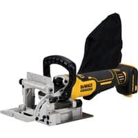 Yellow and black DeWalt 18V XR brushless biscuit jointer with ergonomic handle and dust bag attachment.
