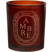 Amber Diptyque candle in dark brown glass with oval label and white lettering.