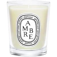 Clear glass jar with white wax, featuring Diptyque's oval label and "Ambre" text in black.
