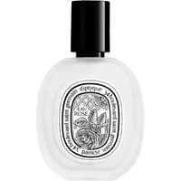 Diptyque Eau Rose Hair Mist 30 ml, clear oval bottle with black cap and intricate black and white label.