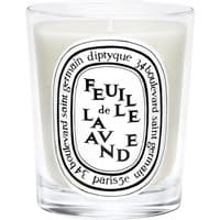 Diptyque Feuille de Lavande candle in clear glass jar with black and white oval label, 190g.