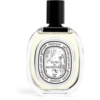 Clear glass bottle with black cap, oval label reading "L'Eau des Hesperides," containing citrus unisex perfume.