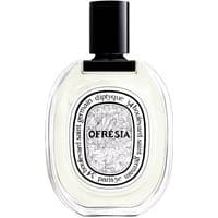 Transparent oval bottle with black cap, labeled "Ofresia" by Diptyque, containing 100 ml floral women's perfume.