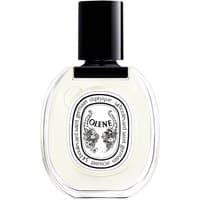 Clear glass bottle with black cap, oval label featuring "Olene" and floral design, Diptyque women's floral perfume, 50 ml.